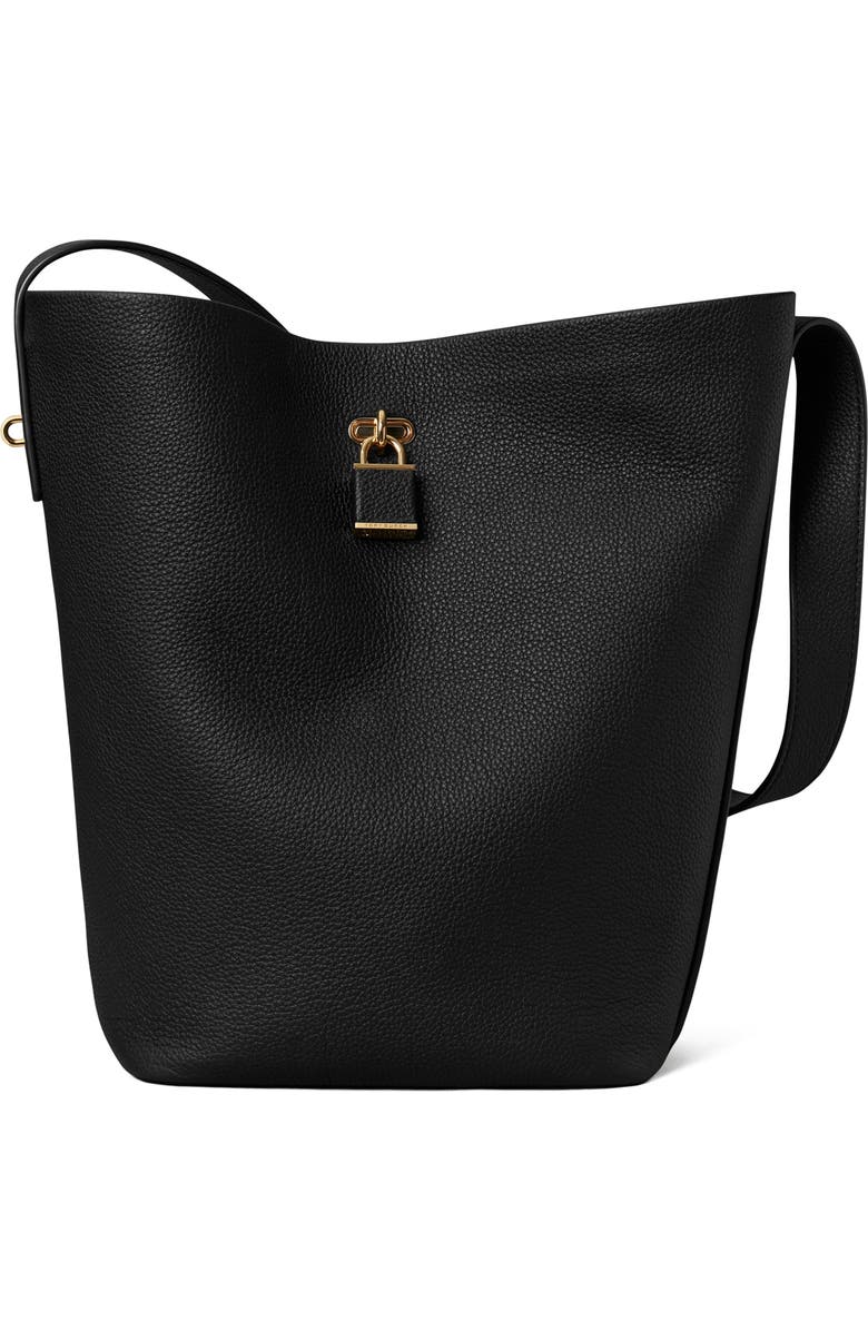 Tory Burch Slim Lock Leather Bucket Bag, Main, color, Black
