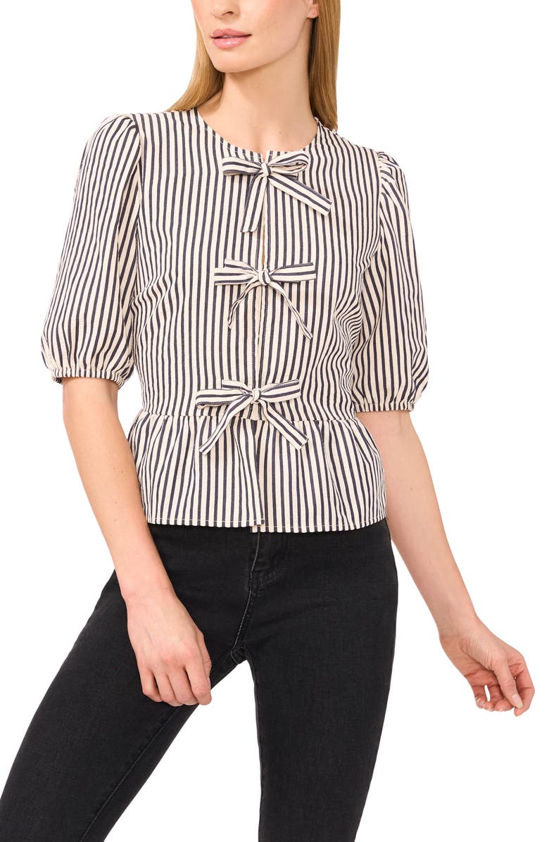 CeCe Stripe Bow Front Cotton Peplum Top, Main, color, Classic Navy