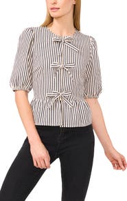 CeCe Stripe Bow Front Cotton Peplum Top