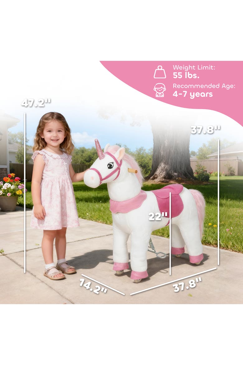 Ride on Unicorn Toy for Kids Plush Baby Rocking Horse Mechanical Walking Animal with Wheels No Batteries Required, Alternate, color, White