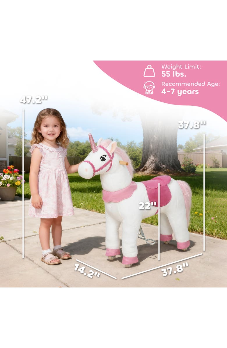 Qaba Ride on Unicorn Toy for Kids Plush Baby Rocking Horse Mechanical Walking Animal with Wheels No Batteries Required, Alternate, color, White