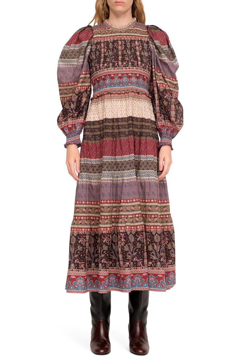 Brooke Border Smocked Long Sleeve Midi Dress, Main, color, MULTI