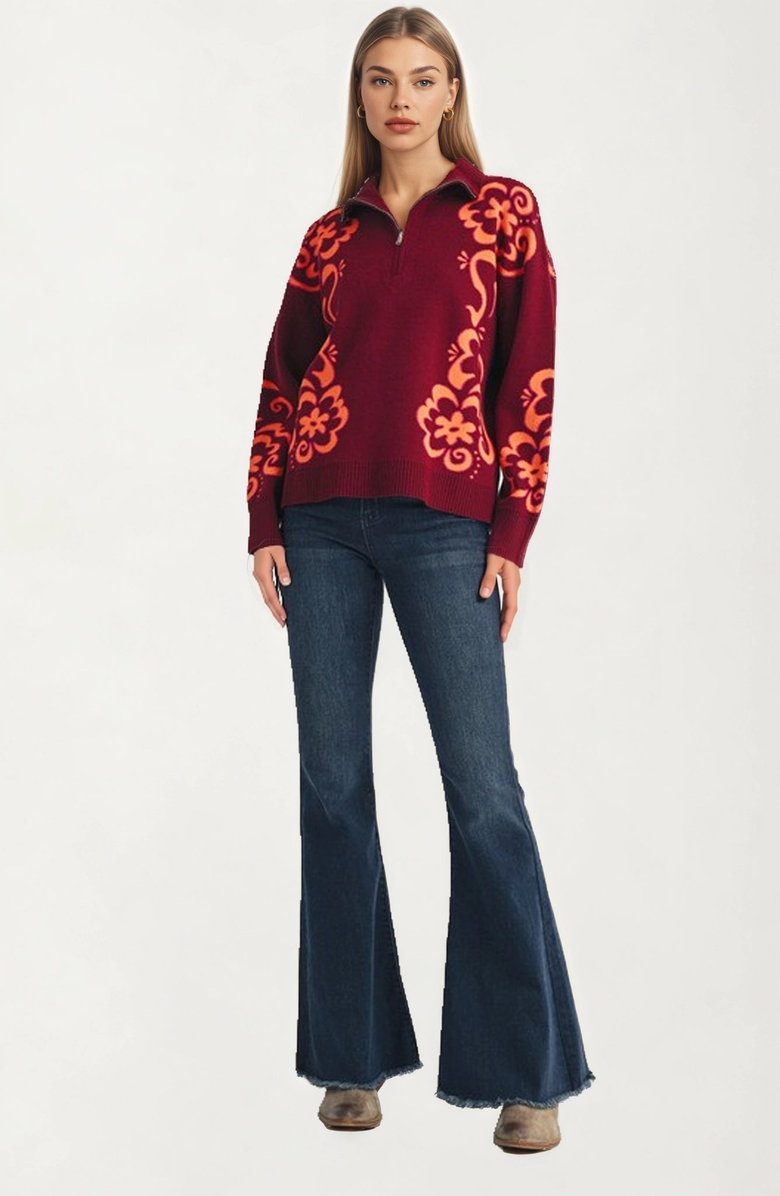 Knit and Lounge Floral Quarter-Zip Sweater, Alternate, color, Burgundy Floral