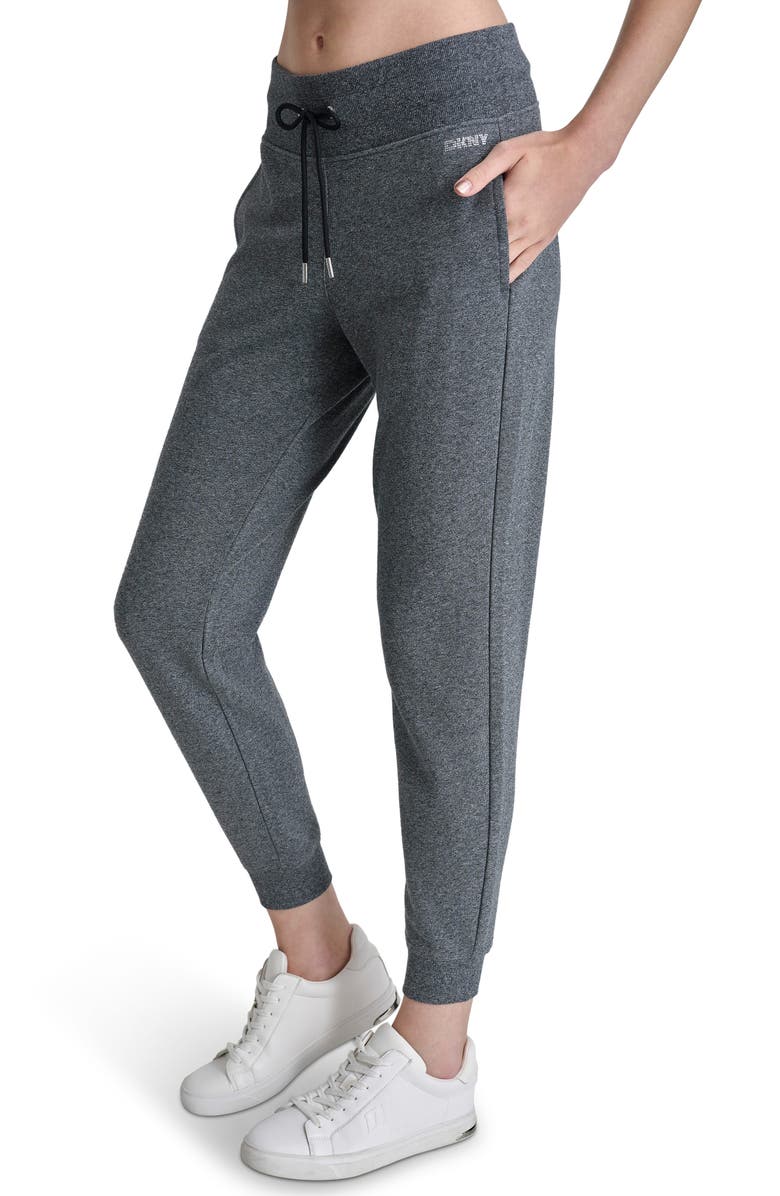 DKNY Rhinestone Logo Cuffed Fleece Joggers, Alternate, color, Black Heather