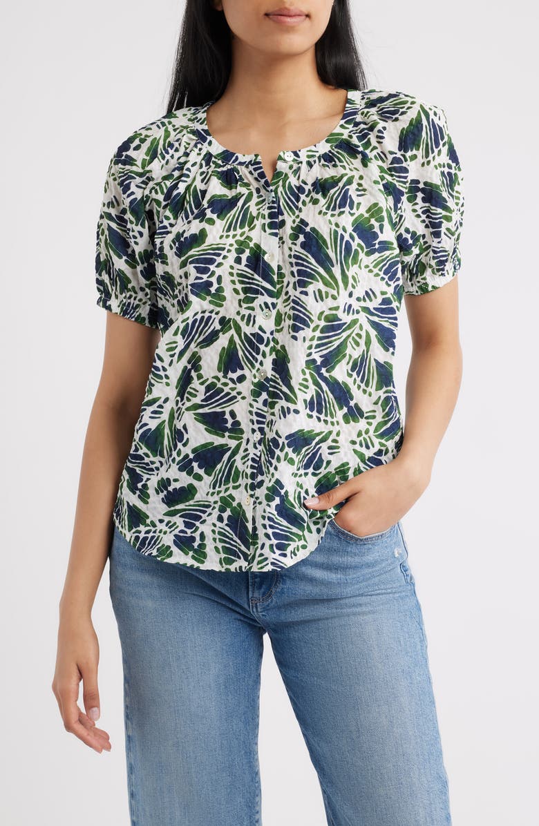 Bobeau Abstract Print Puff Sleeve Button-Up Top, Main, color, Navy/ Green