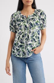 Bobeau Abstract Print Puff Sleeve Button-Up Top