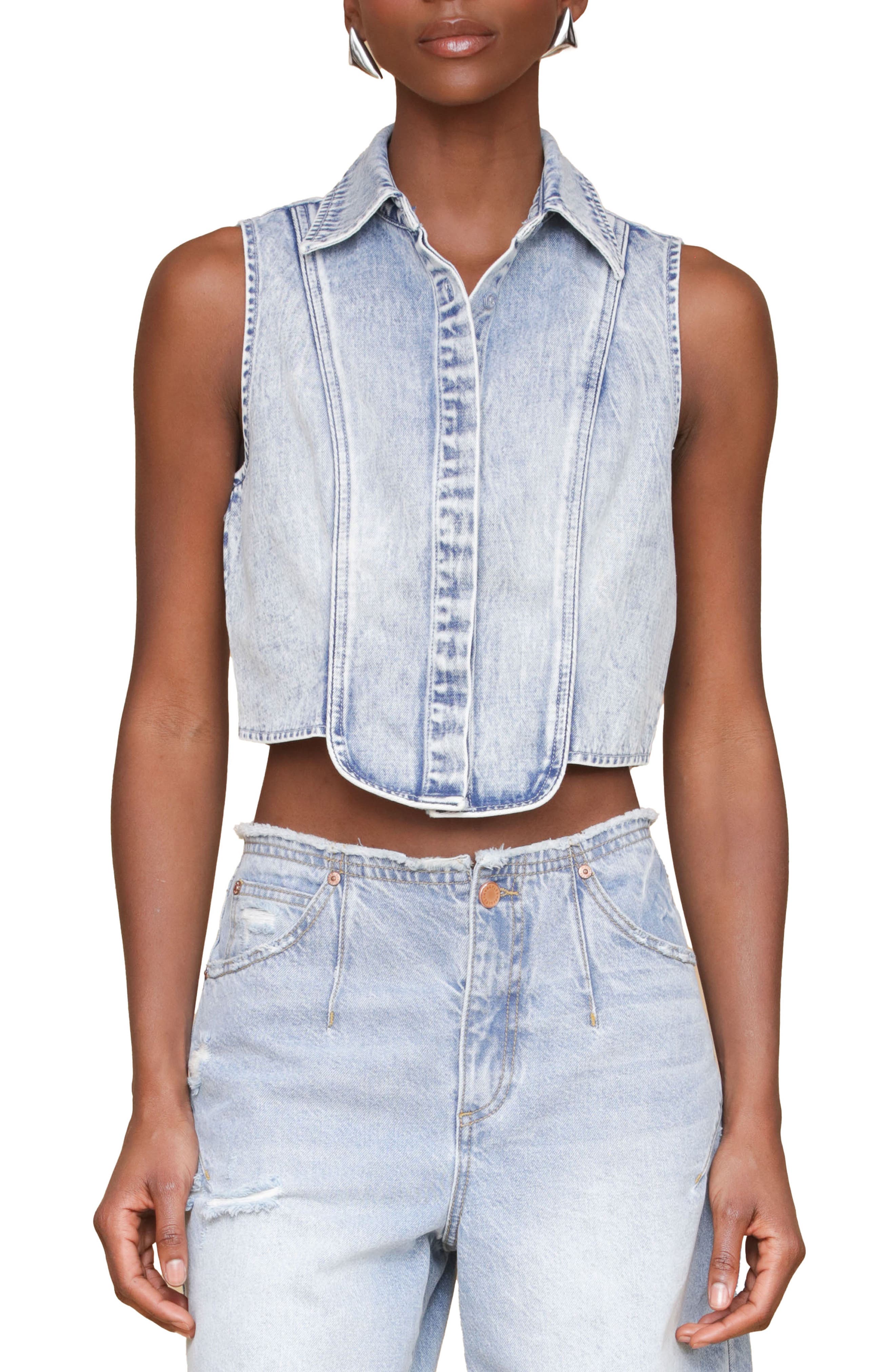 Avec Les Filles Sleeveless Tuxedo Crop Denim Shirt