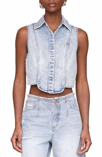 Avec Les Filles Sleeveless Tuxedo Crop Denim Shirt