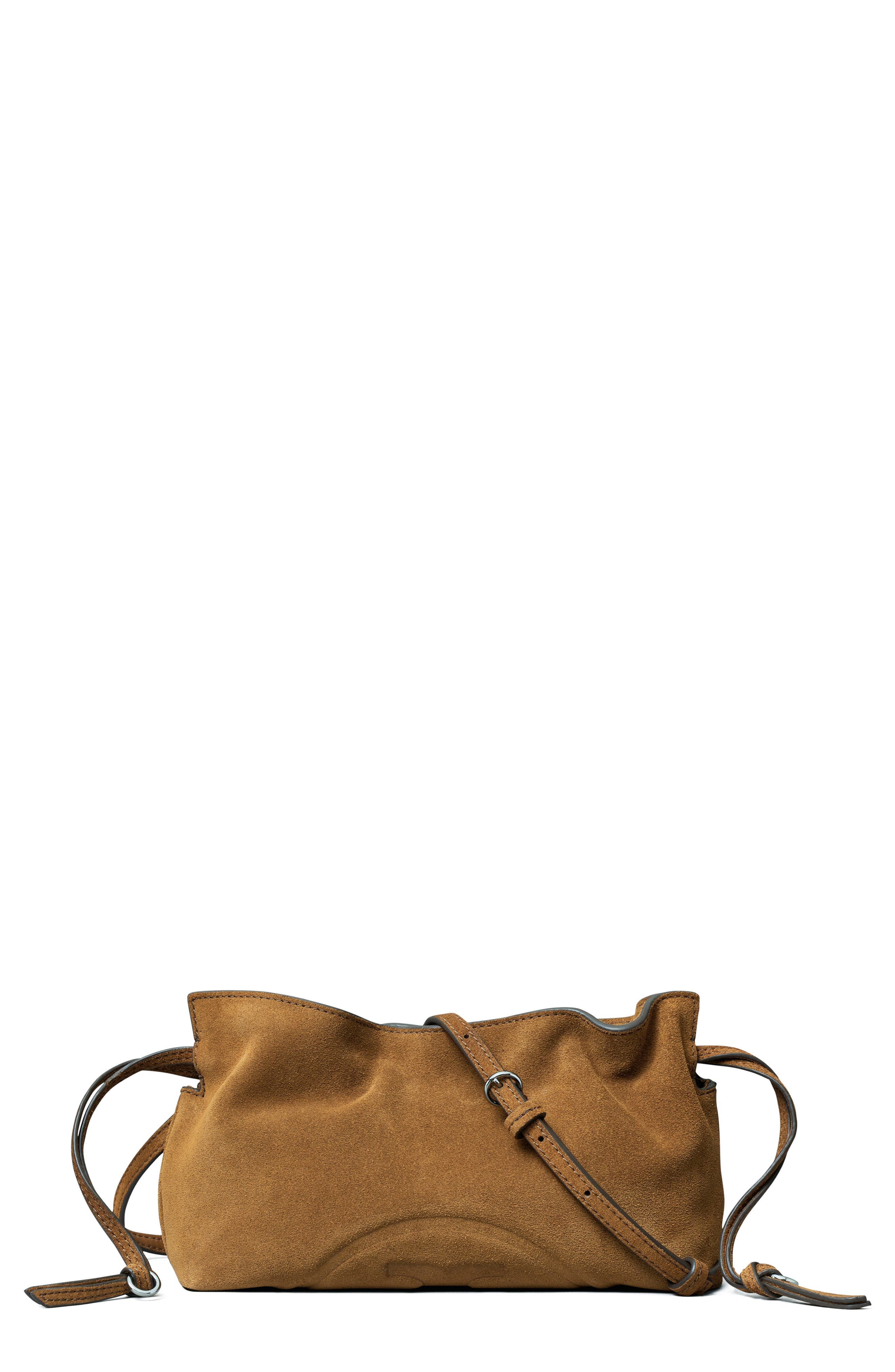 Ella Suede Drawstring Pouch, Main, color, CARAMEL