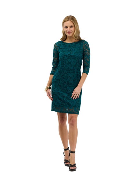 Elevate Womens Elegant Lace Three-Quarter Sleeve Dress