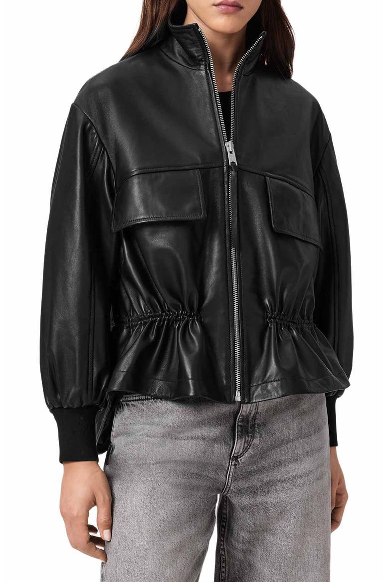 Flor Leather Peplum Jacket, Main, color, BLACK