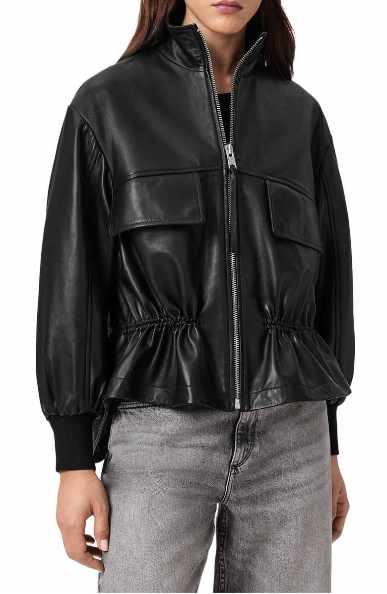 AllSaints Flor Leather Peplum Jacket, Main, color, Black