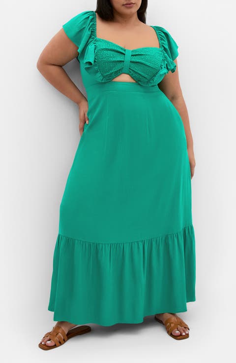 Alora Flutter Sleeve Cutout Maxi Dress (Plus)