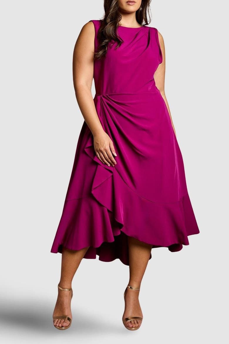 Plus Crepe Ruffle Midi Dress, Alternate, color, Berry