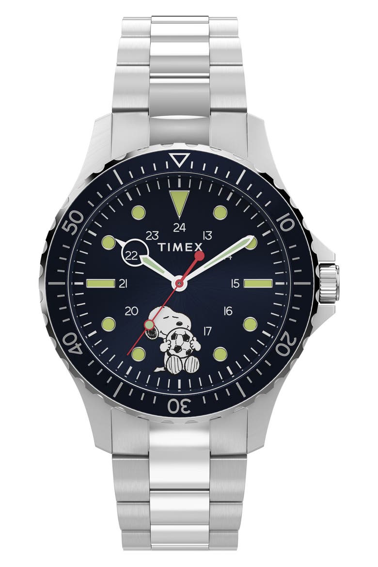 Peanuts® x Timex Snoopy Soccer 41mm Staineless Steel Watch, Main, color, BLUE/ STAINLESS STEEL