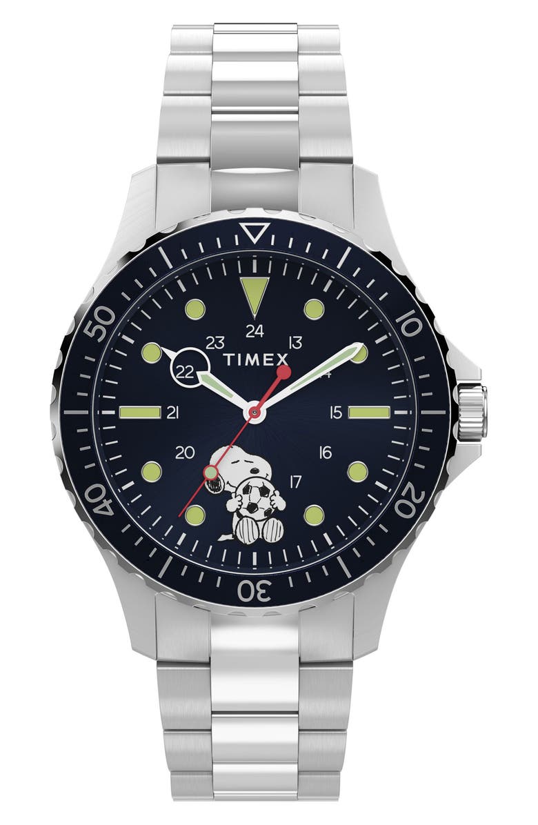 Timex<sup>®</sup> Peanuts<sup>®</sup> x Timex Snoopy Soccer 41mm Staineless Steel Watch, Main, color, Blue/ Stainless Steel