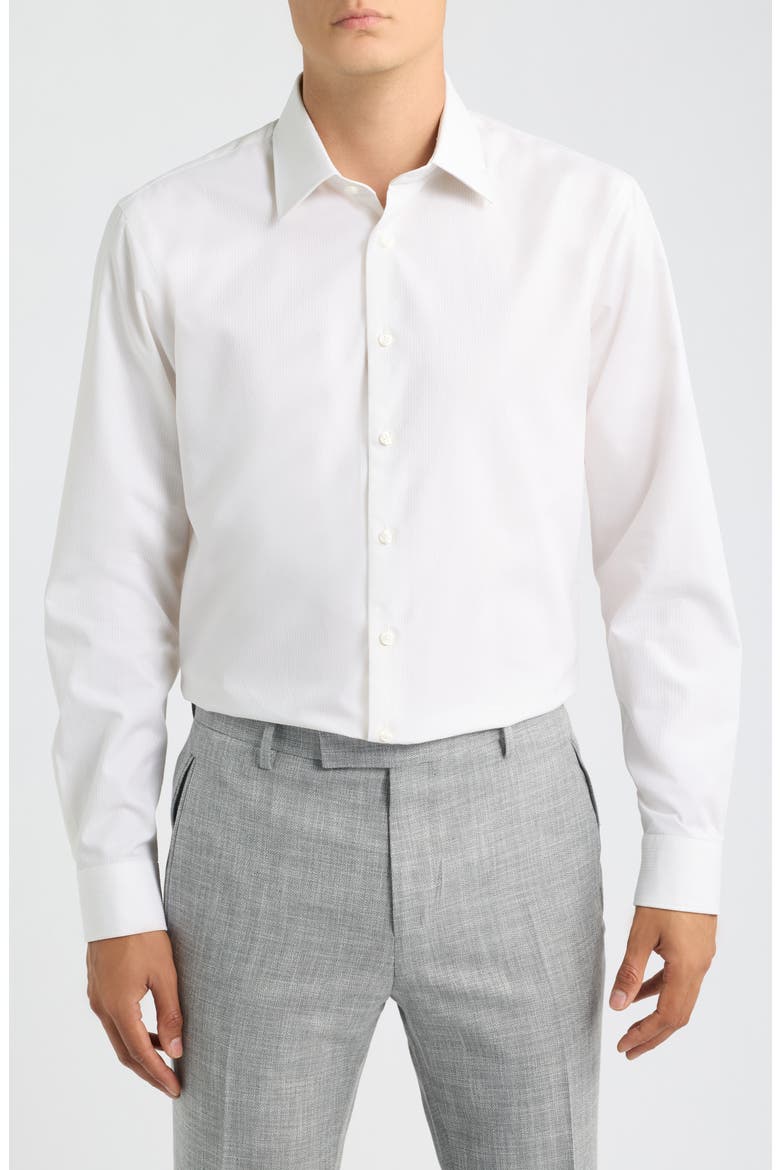 Trim Fit Pinstripe Premium Non-Iron Cotton Dress Shirt, Main, color, IVORY EMILIO DOBBY