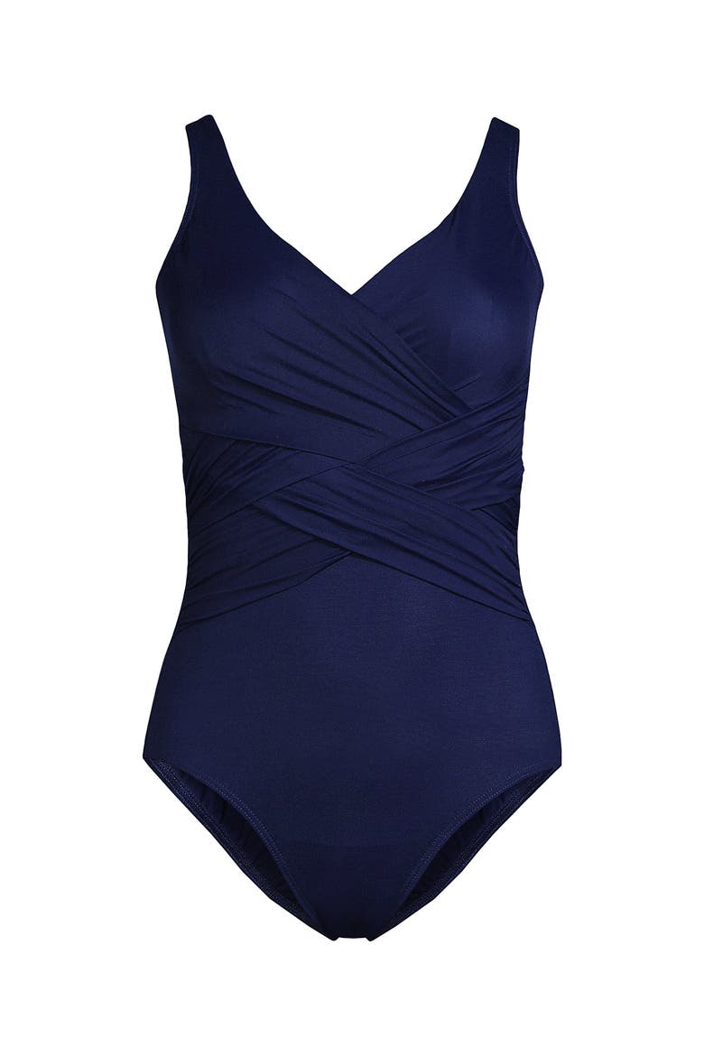 Plus Size DD-Cup Slender Tummy Control Chlorine Resistant Wrap One Piece Swimsuit, Alternate, color, Deep Sea Navy