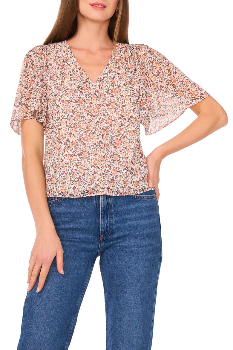 Floral Flutter Sleeve Top, Main, color, VANILLA ICE