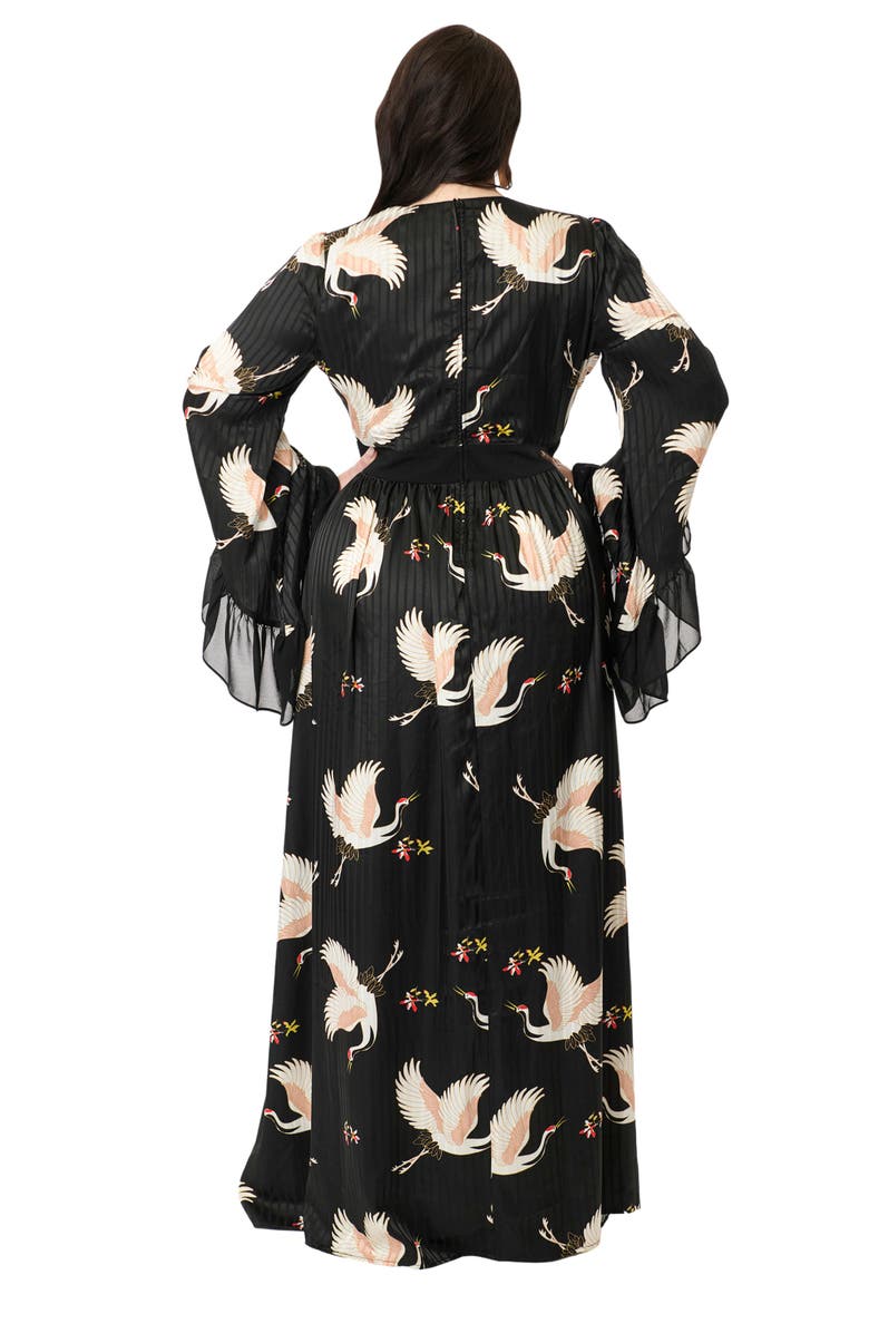Unique Vintage Plus Size Long Sleeve Empire Waist Maxi Dress, Alternate, color, Black Crane Print