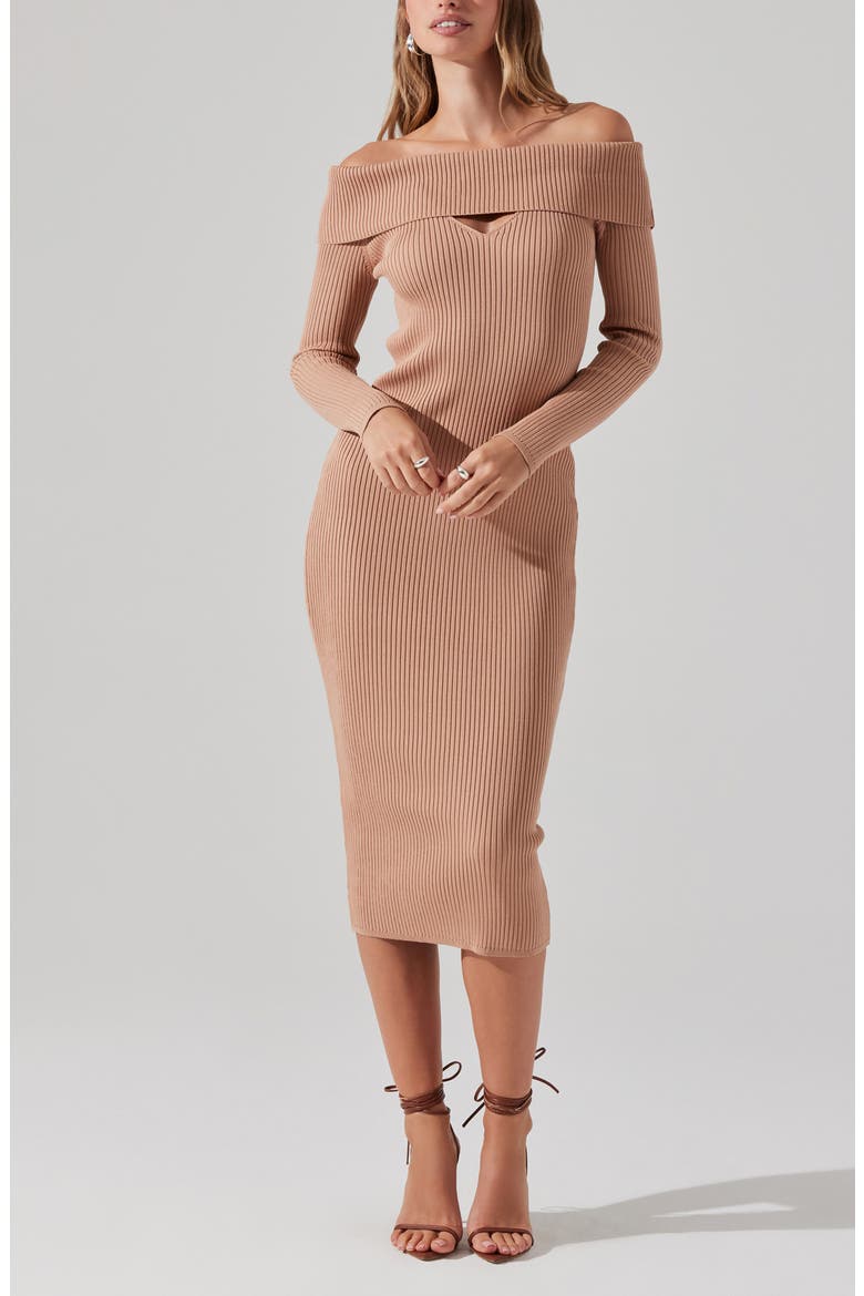 Cutout Off the Shoulder Long Sleeve Midi Sweater Dress, Alternate, color, TAN