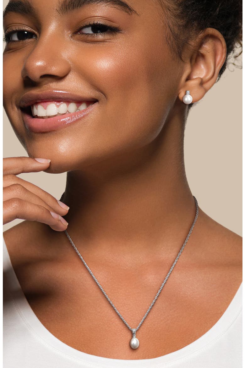 Cubic Zirconia & Cultured Pearl Pendant Necklace & Stud Earrings Set, Alternate, color, SILVER