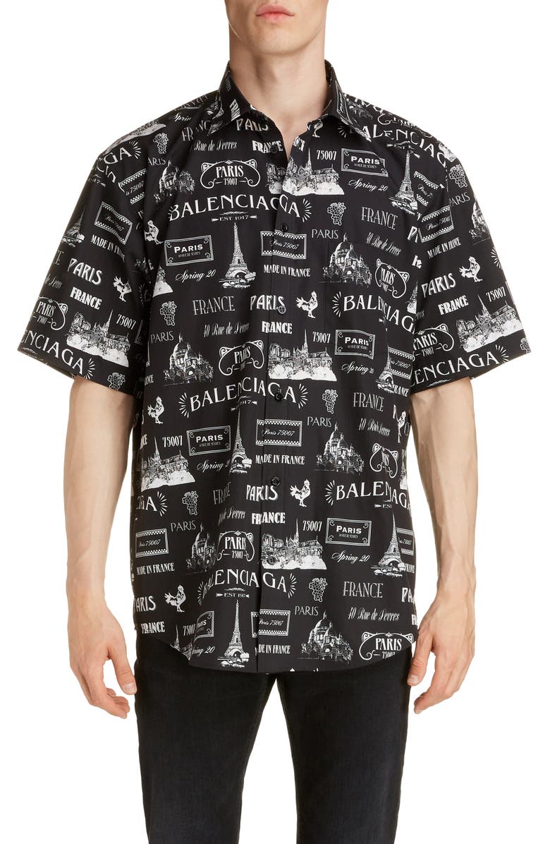 Balenciaga Paris Normal Fit Short Sleeve Button-Up Shirt, Main, color,