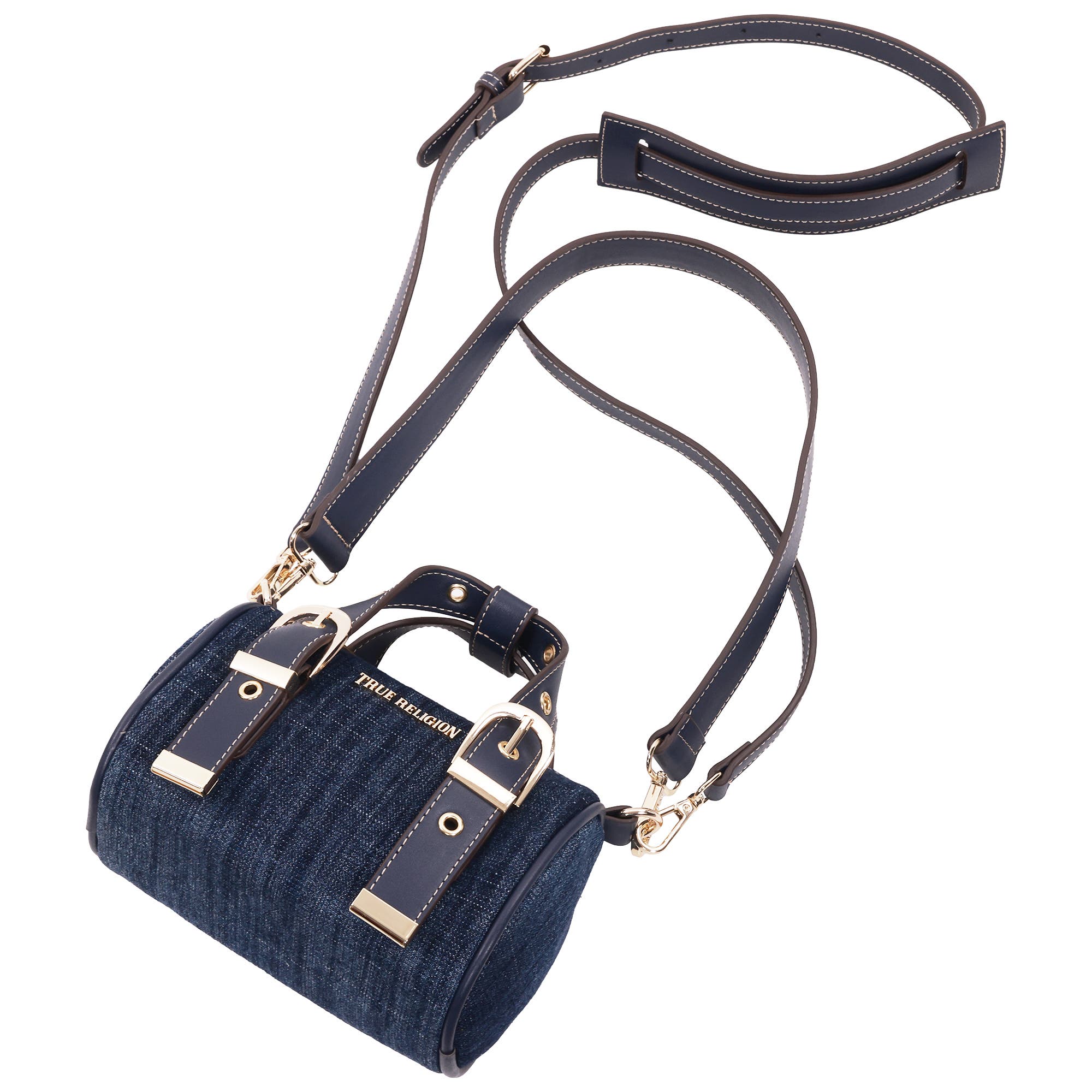 True Religion Denim Buckle Strap Mini Satchel, Alternate, color, Dark Denim