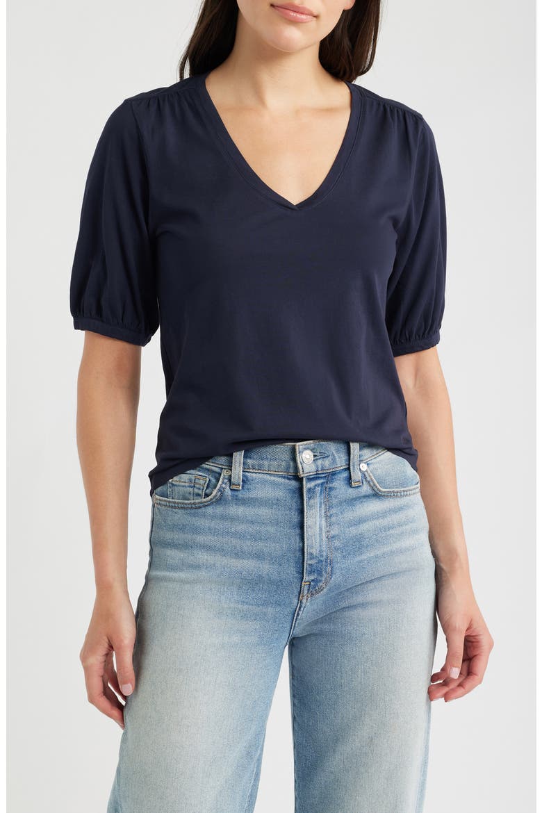 Puff Sleeve Cotton T-Shirt, Main, color, DARK INDIGO