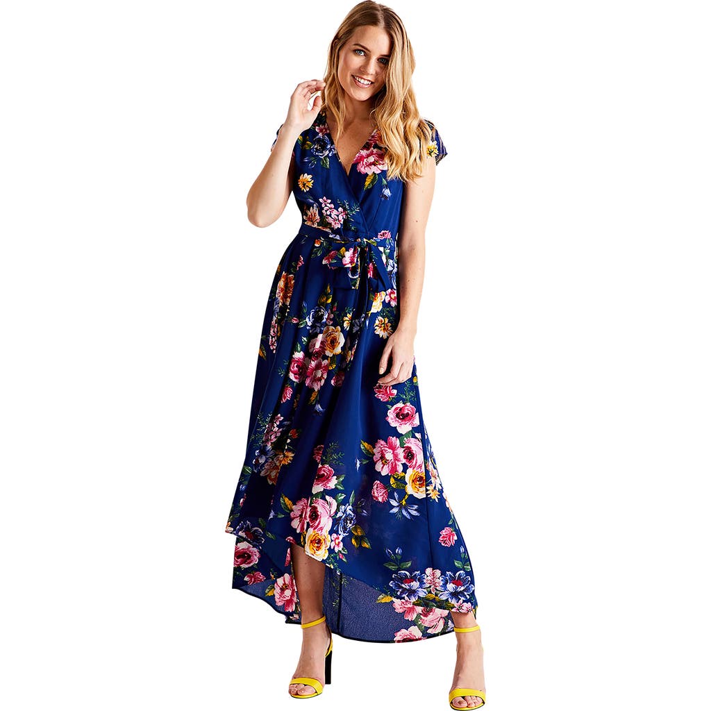 Yumi Floral Print Dipped Hem Wrap Midi Dress In Blue