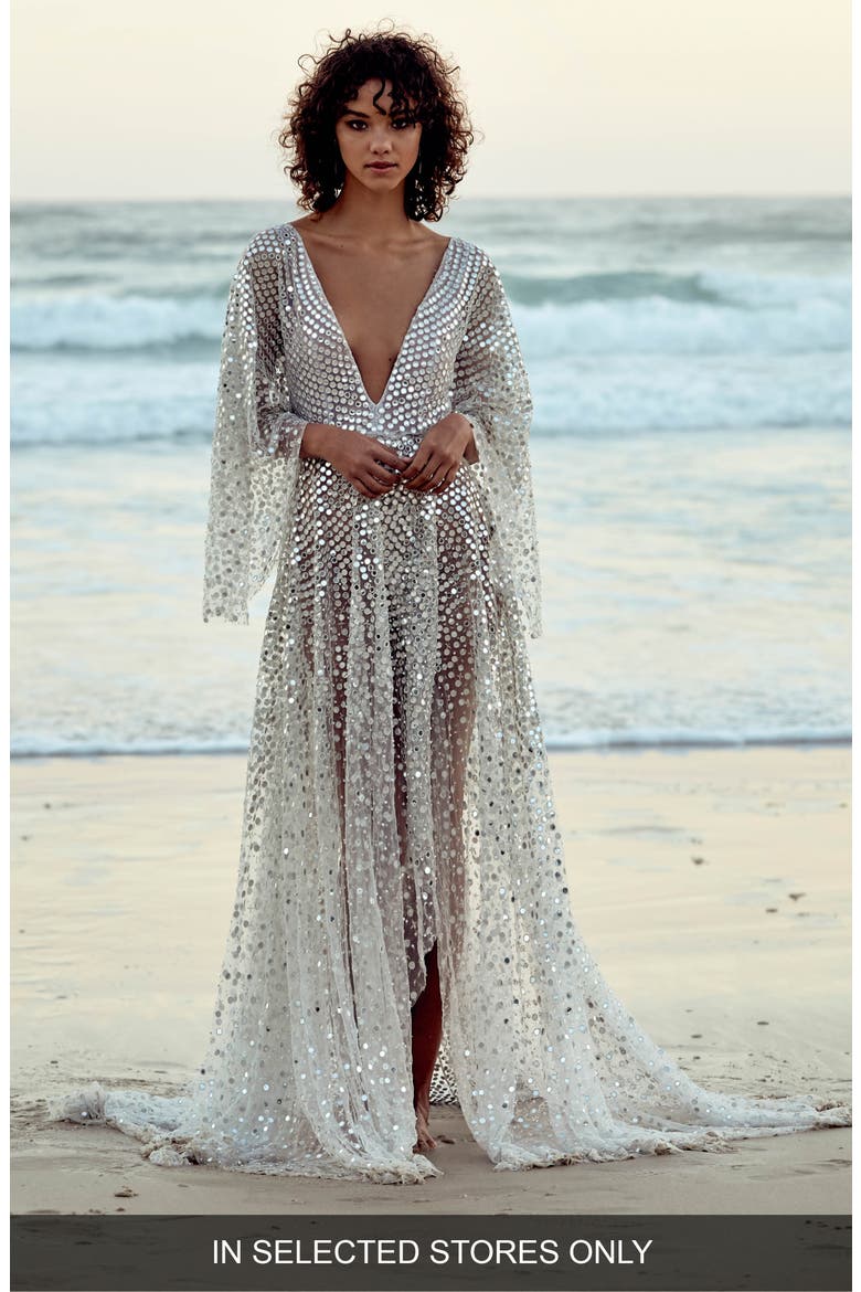 Toby Sequin High/Low Wedding Dress, Main, color, SILVER