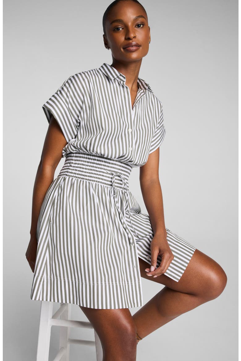 Smocked Striped Supima Cotton Mini Shirtdress, Alternate, color, FROSTED MOSS/ CLASSIC WHITE