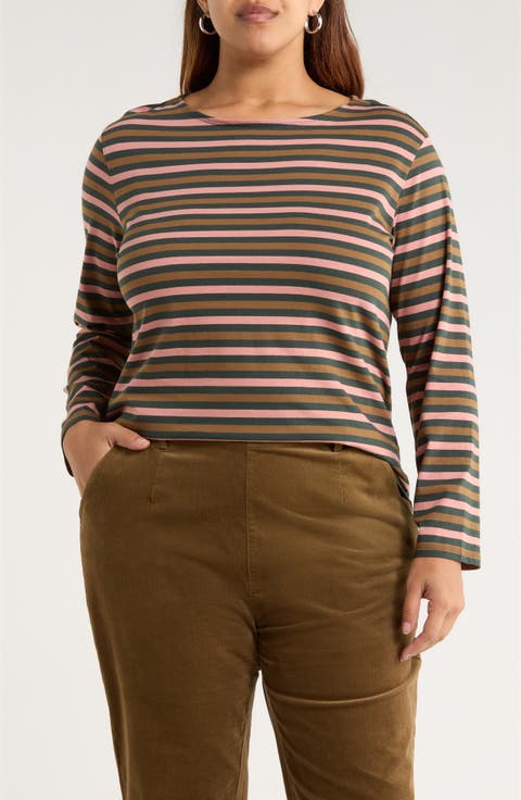 Sailor Stripe Long Sleeve Organic Cotton T-Shirt (Plus)