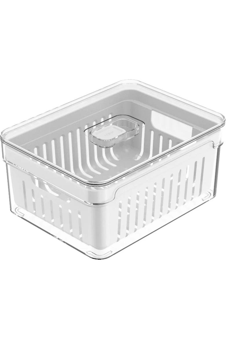 Clear Stackable Fridge Organizer Bin with Drain Basket and Vented Lid, 2.3 Quart Capacity, Main, color, Clear with White Drainer