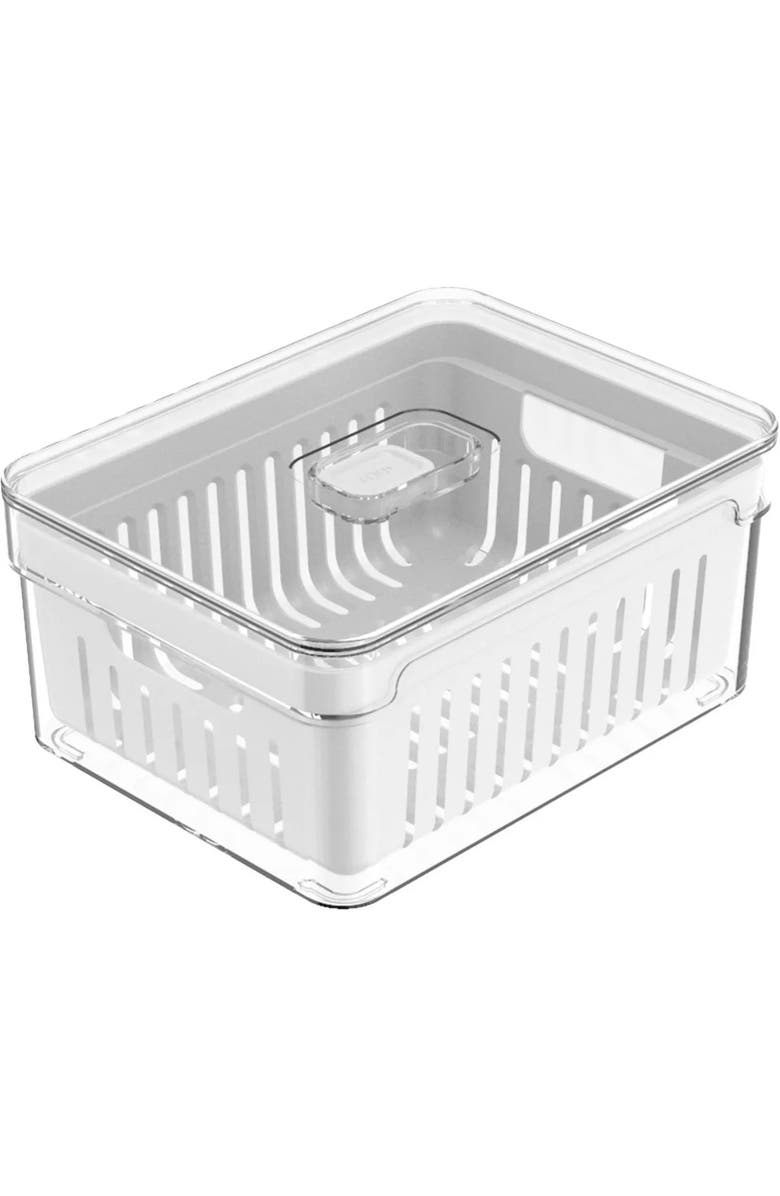 OU Clear Stackable Fridge Organizer Bin with Drain Basket and Vented Lid, 2.3 Quart Capacity, Main, color,