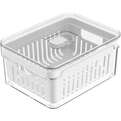 Clear Stackable Fridge Organizer Bin with Drain Basket and Vented Lid, 2.3 Quart Capacity