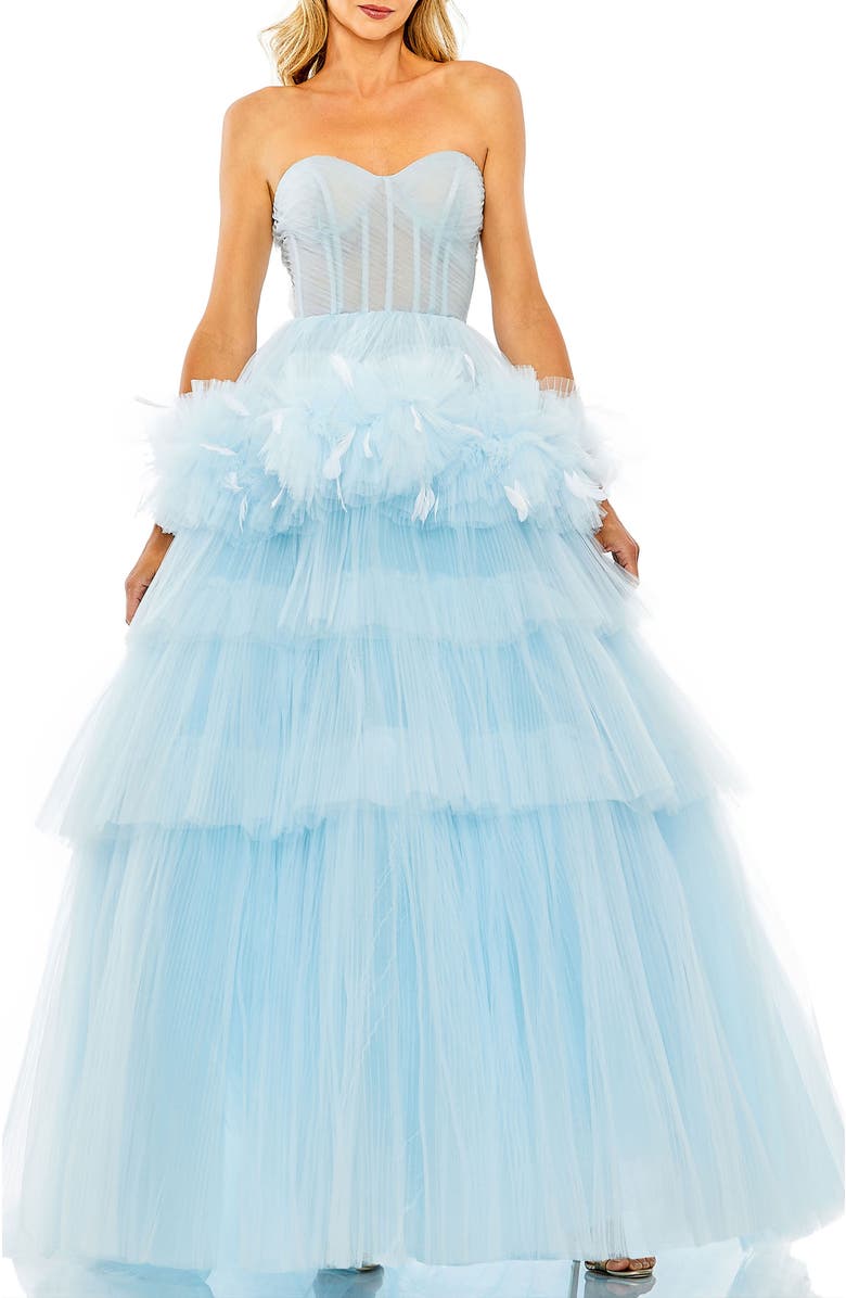 Mac Duggal Feather-Trimmed Tulle Sweetheart Neck Ballgown, Main, color, Ice Blue