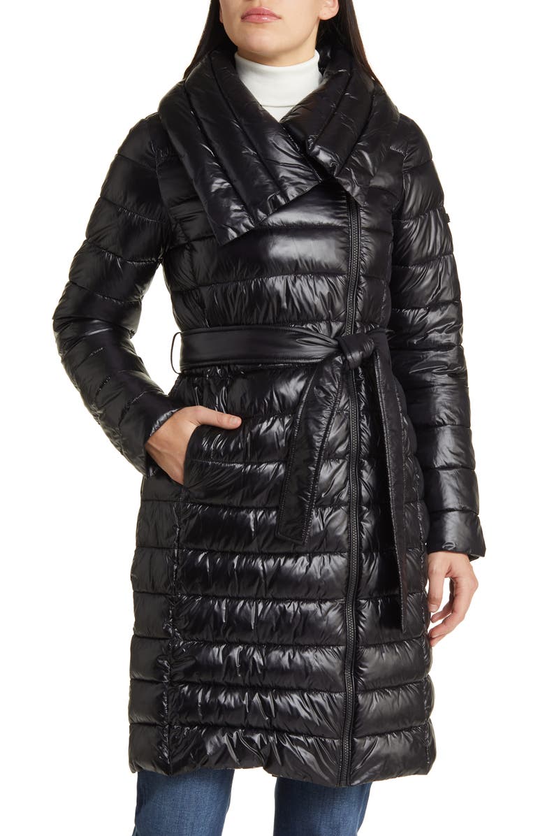 Via Spiga Asymmetric Belted Puffer Coat, Main, color, 