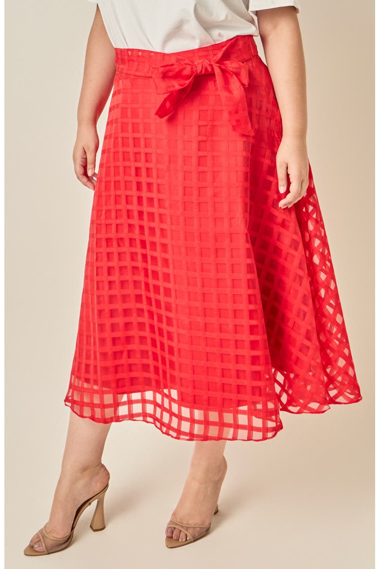 Plaid Organza Fit & Flare Midi Skirt, Alternate, color, RED