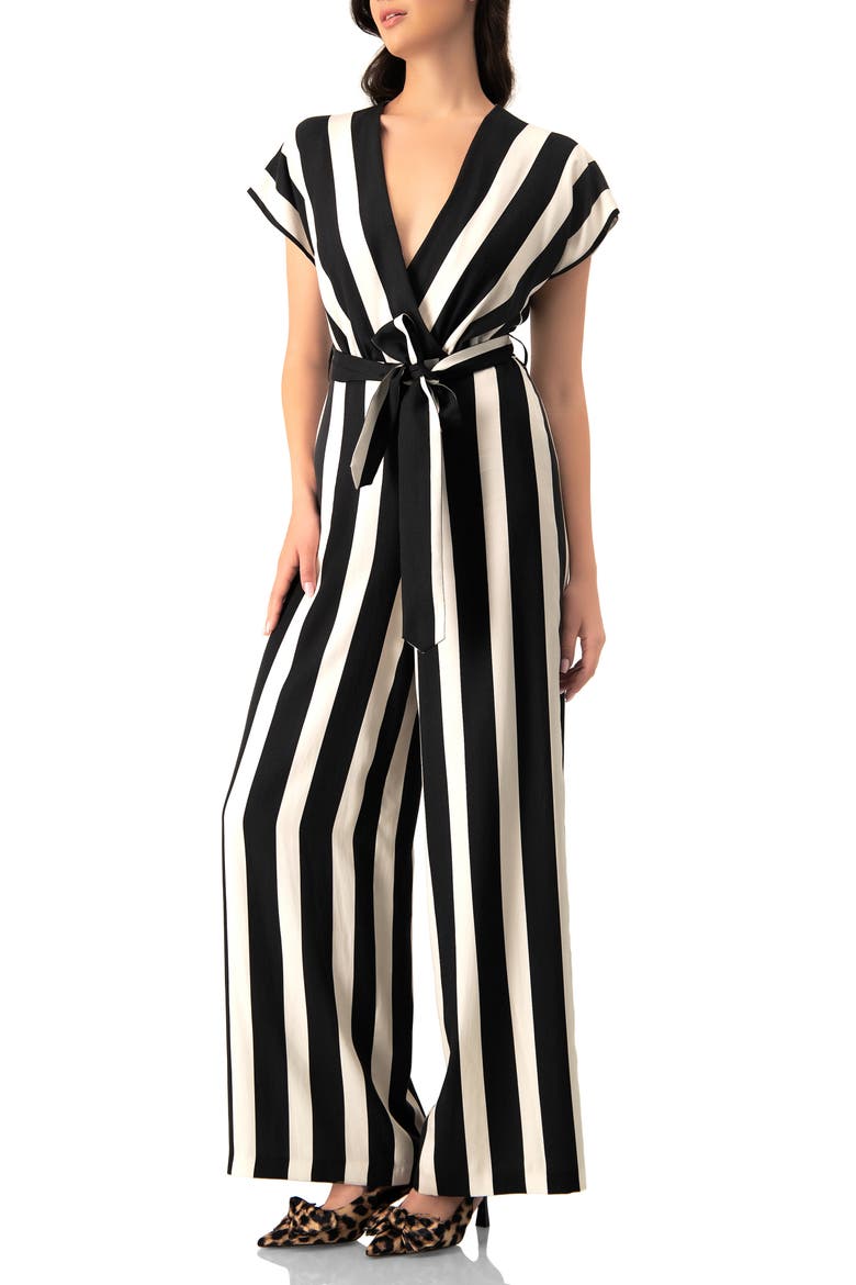 Striped V-Neck Jumpsuit with Waist Tie, Alternate, color, Black