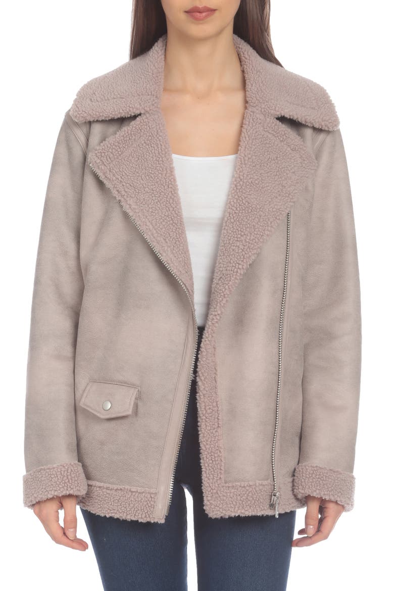 Faux Shearling Biker Jacket, Main, color, DOVE