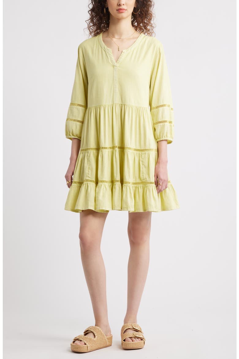 Ladder Stitch Accent Linen Blend Tiered Minidress, Main, color, GREEN LUMINARY