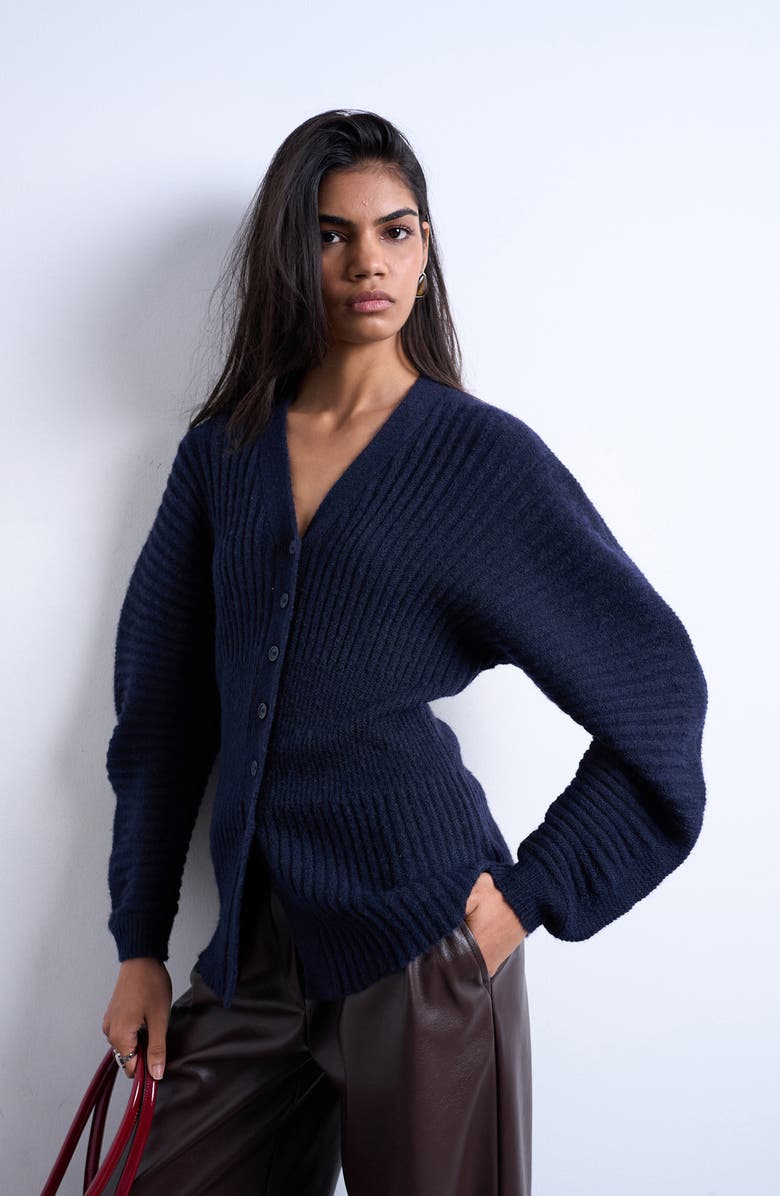Topshop Ovoid Cinch Cardigan, Main, color, Navy