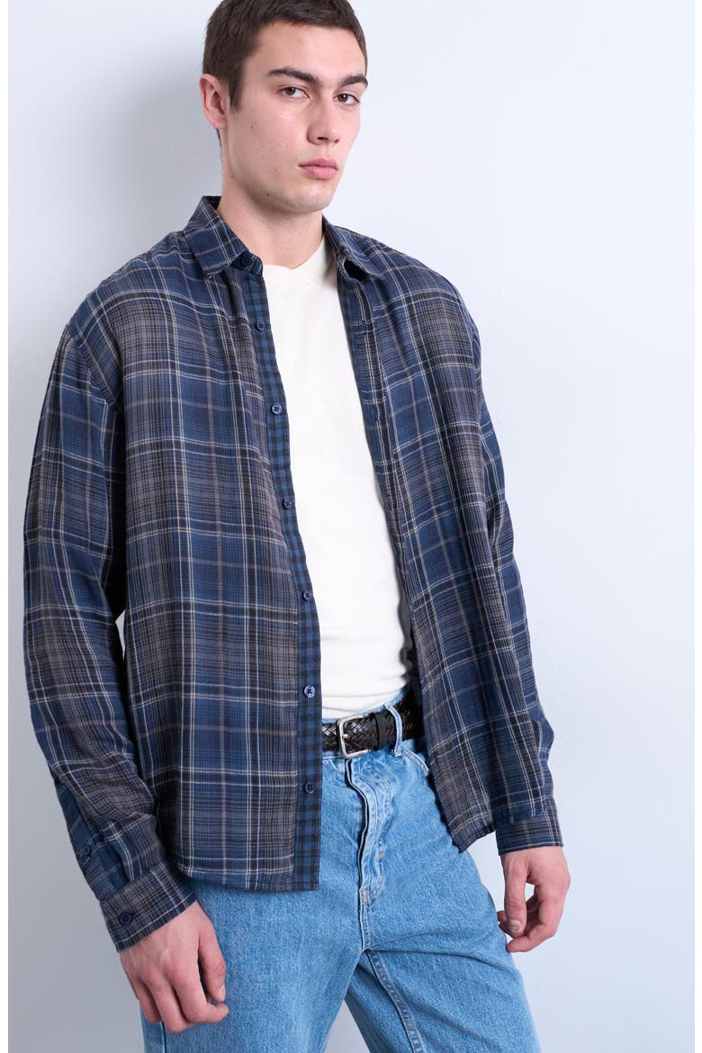 Check Cotton Button-Up Shirt, Alternate, color, NAVY