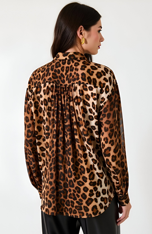 Modenaire Leopard Print Button-up Blouse With Pleated Front And Classic Point Collar In Brown