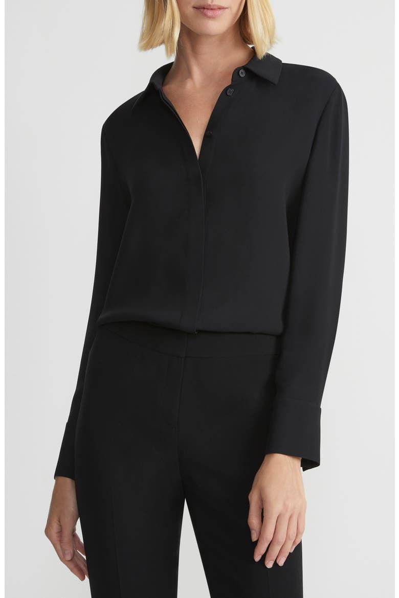 Scottie Silk Button-Up Blouse, Main, color, BLACK