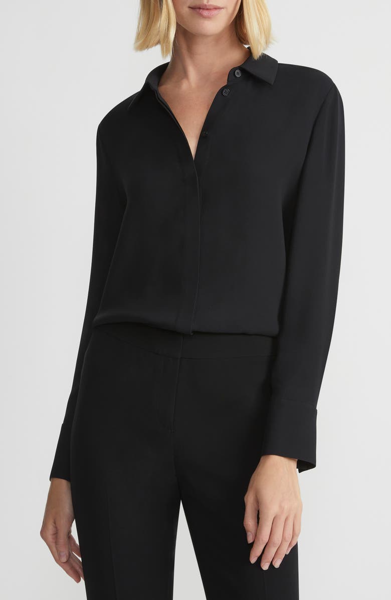 Lafayette 148 New York Scottie Silk Button-Up Blouse, Main, color, Black
