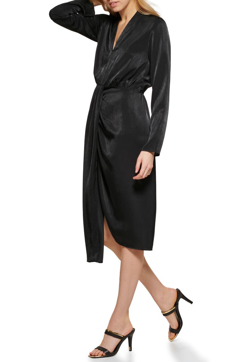 Gathered Long Sleeve Faux Wrap Dress, Alternate, color, BLACK