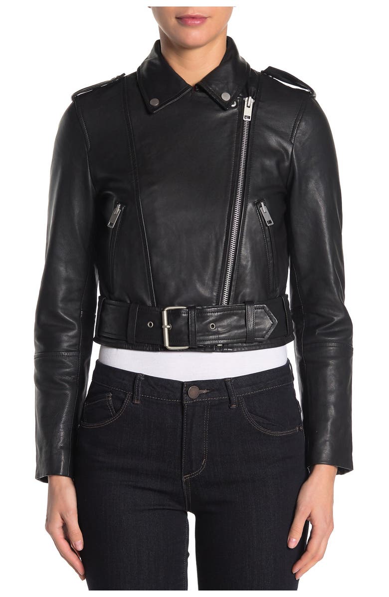 Avec Les Filles Leather Belted Cropped Biker Jacket, Alternate, color, 