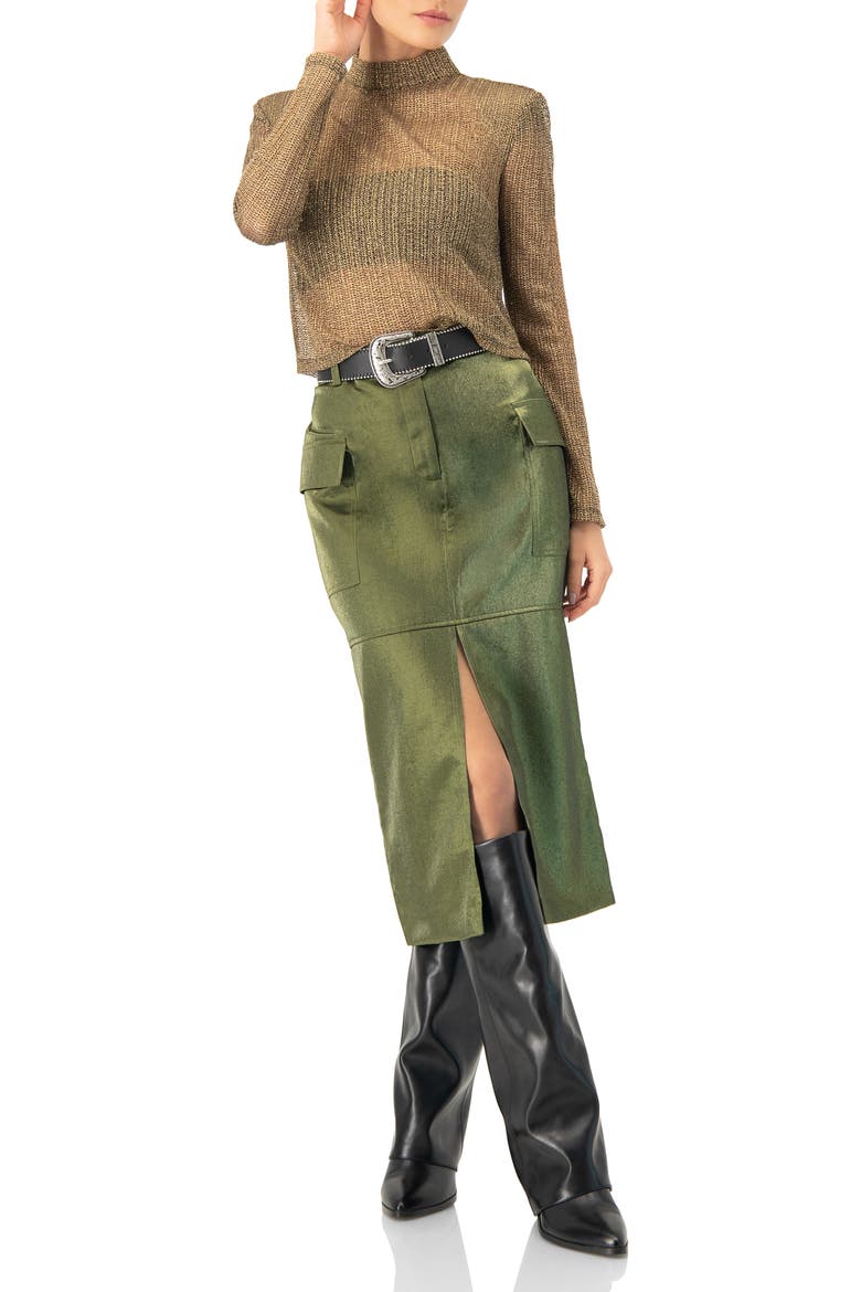 Midi Skirt with Front Slit, Alternate, color, Olive Green